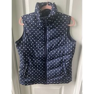 Lands End Womens Down Puffer Vest Blue White Polka Dot Size S